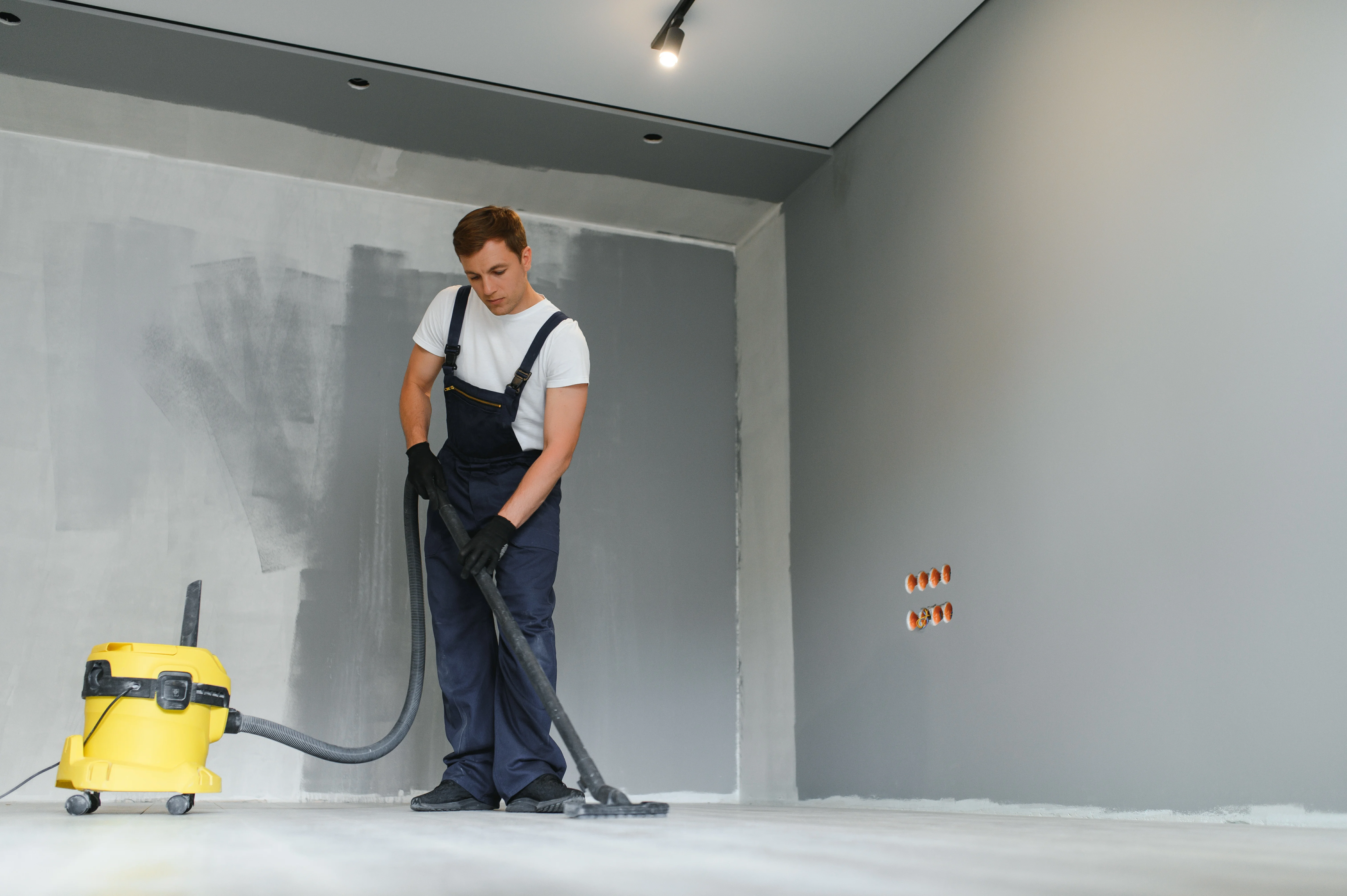 Worker vacuuming a newly built floor as part of post construction cleaning services